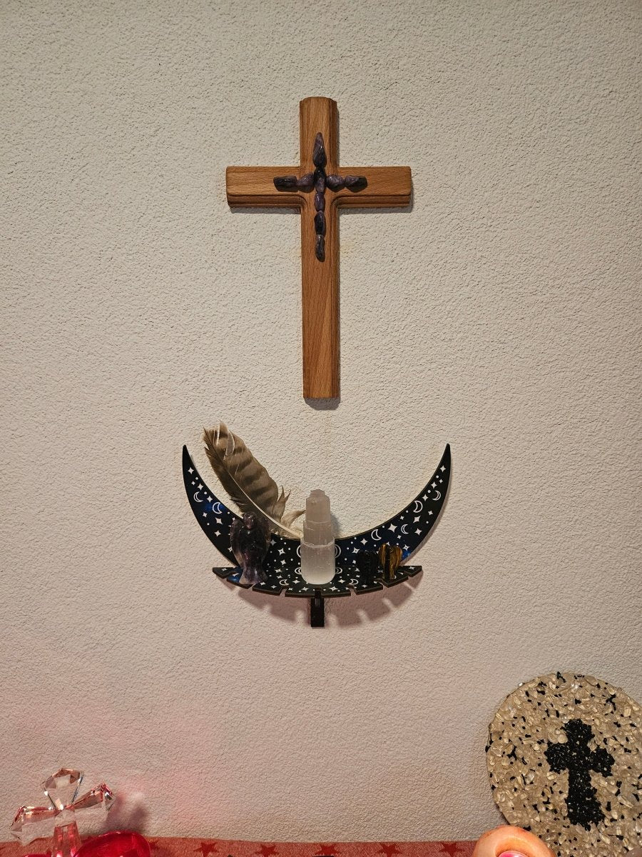 Buchenholz - Kreuz mit Amethyst - Kristallen – Spirituelle Ruhe & Schutz - Kreuz mit Edelsteinen - Seelenblitz