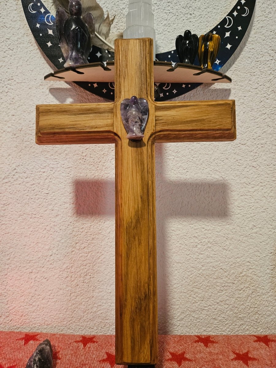 Eichenholz - Kreuz mit Amethyst - Engel – Spirituelle Heilung & Schutz - Kreuz mit Edelsteinen - Seelenblitz