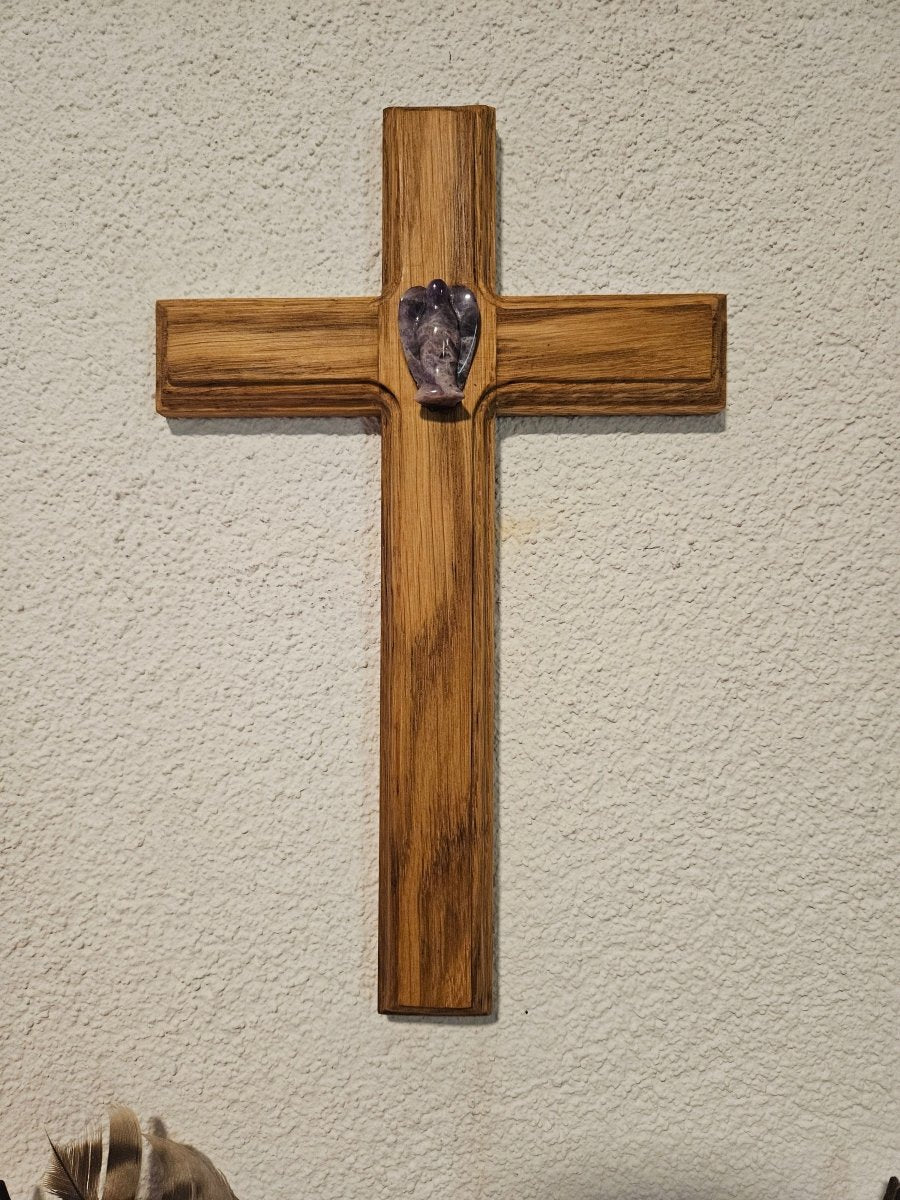 Eichenholz - Kreuz mit Amethyst - Engel – Spirituelle Heilung & Schutz - Kreuz mit Edelsteinen - Seelenblitz