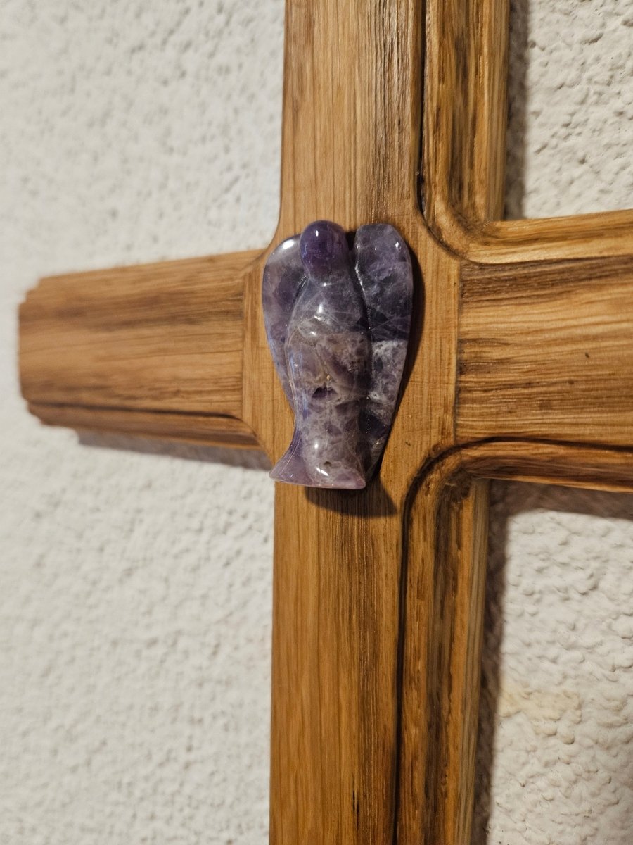 Eichenholz - Kreuz mit Amethyst - Engel – Spirituelle Heilung & Schutz - Kreuz mit Edelsteinen - Seelenblitz
