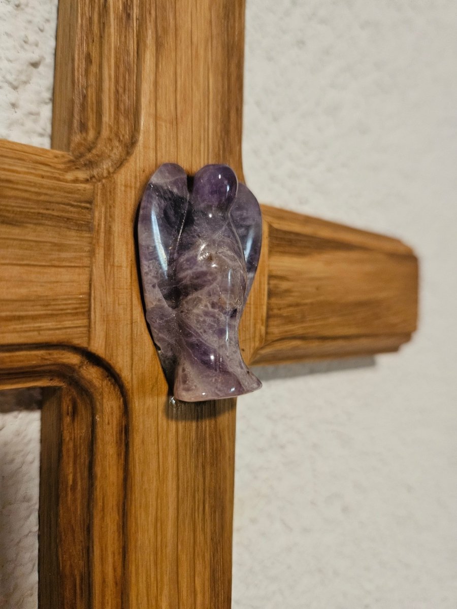 Eichenholz - Kreuz mit Amethyst - Engel – Spirituelle Heilung & Schutz - Kreuz mit Edelsteinen - Seelenblitz