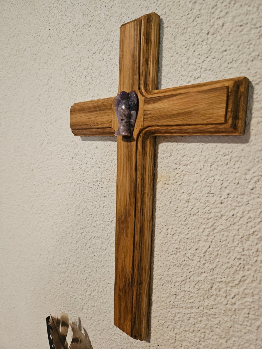 Eichenholz - Kreuz mit Amethyst - Engel – Spirituelle Heilung & Schutz - Kreuz mit Edelsteinen - Seelenblitz