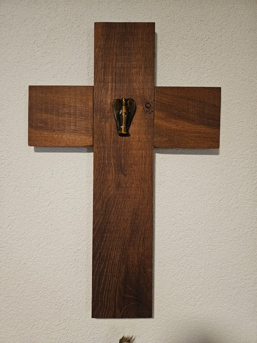 Großes Kreuz aus Eichenholz mit Tigerauge - Engel – Schutz & Spiritualität - Kreuz mit Edelsteinen - Seelenblitz