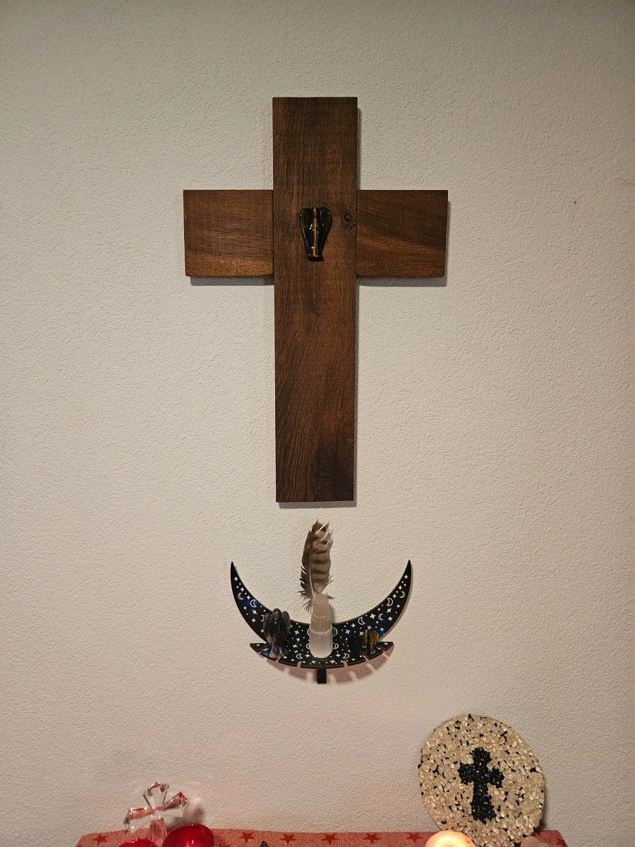 Großes Kreuz aus Eichenholz mit Tigerauge - Engel – Schutz & Spiritualität - Kreuz mit Edelsteinen - Seelenblitz