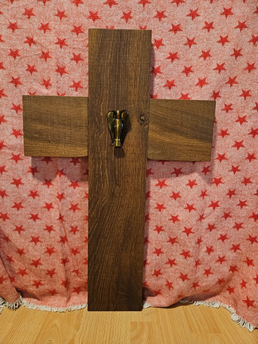 Großes Kreuz aus Eichenholz mit Tigerauge - Engel – Schutz & Spiritualität - Kreuz mit Edelsteinen - Seelenblitz
