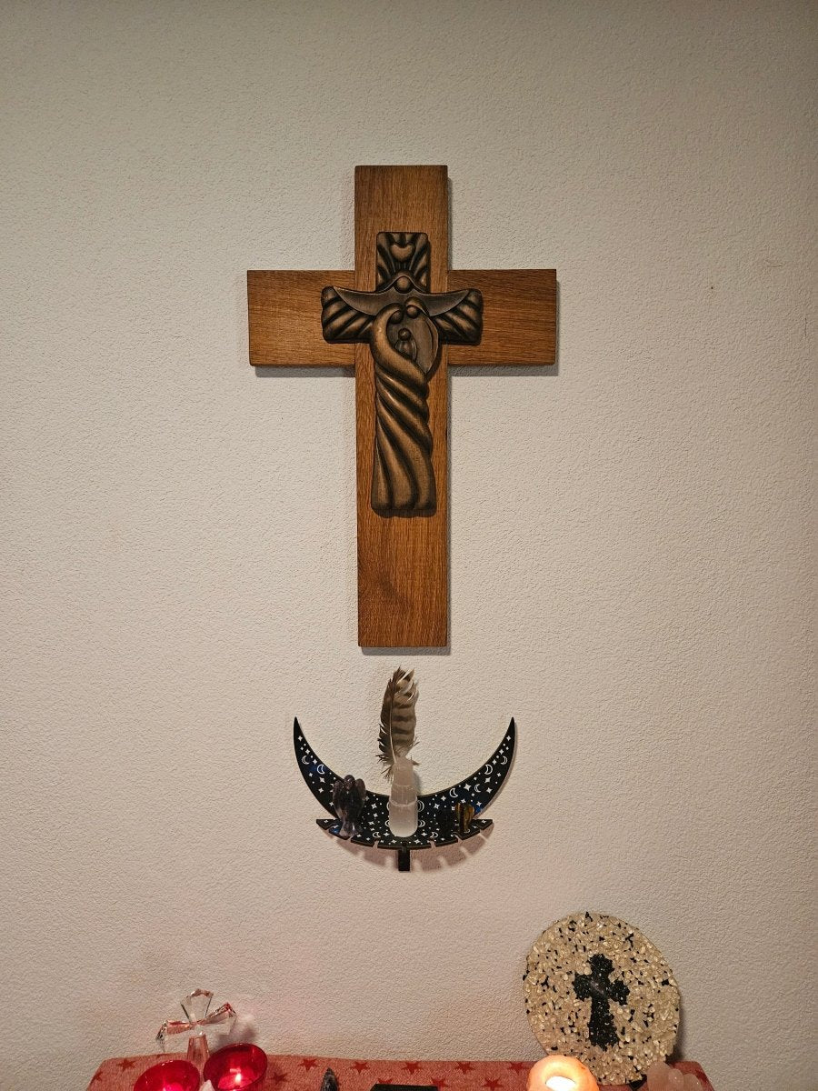 Handgefertigtes Eichenholz - Kreuz mit kunstvollem Zierelement – Harmonie & Dekoration - Grosses Kreuz - Seelenblitz